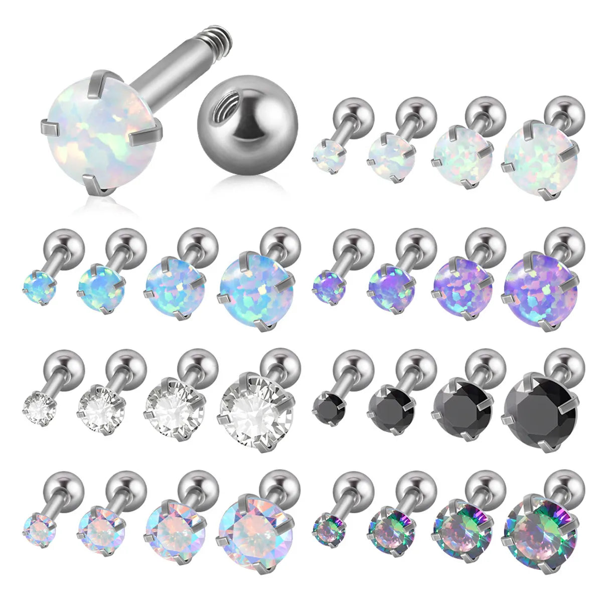 4 Piece Set Ear Cartilage Rings & Studs Retro Round 304 Stainless Steel Synthetic Opal Zircon Inlay Synthetic Opal Zircon