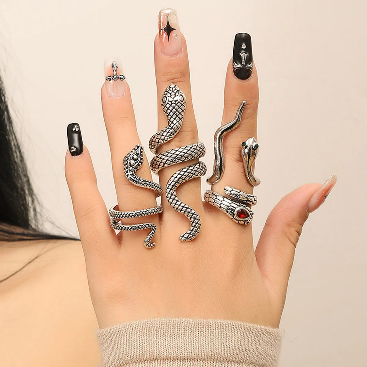 Punk Snake Alloy Inlay Rhinestones Silver Plated Women's Open Ring