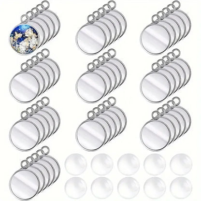 40pcs Alloy Glass Silver Plated Round Pendant