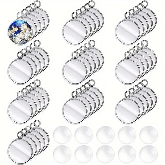 40pcs Alloy Glass Silver Plated Round Pendant