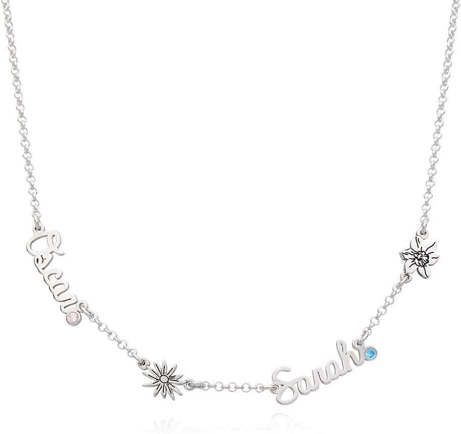 Personalized Blooming Birth Flower Multi Family Name Necklace with Birthstones or Diamonds