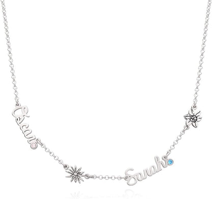 Personalized Blooming Birth Flower Multi Family Name Necklace with Birthstones or Diamonds