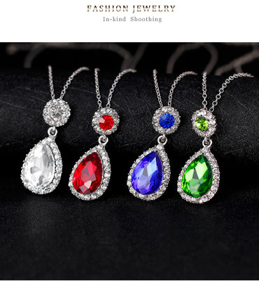 Fashion Simple Multicolor Gem Necklace Ring Earring Three-piece Alloy Diamond Plating White K Jewelry Set