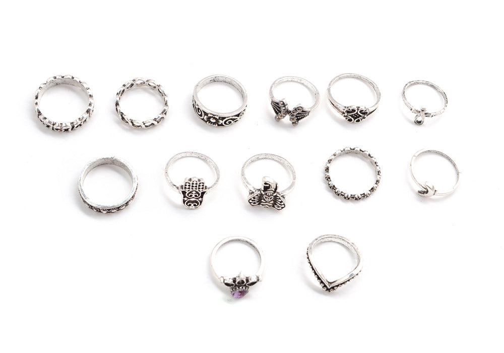 Retro Fashion Style Crown Elephant Moon Geometric Alloy Ring Set