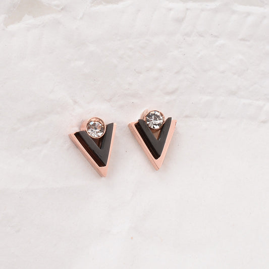 Fashion Geometric Zircon Black Triangle Rose Gold Titanium Steel Earrings Wholesale