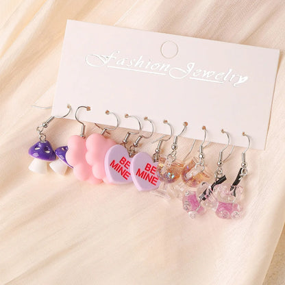 5 Pairs Cute Funny Bear Heart Shape Plating Synthetic Resin Rhodium Plated Drop Earrings