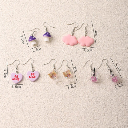 5 Pairs Cute Funny Bear Heart Shape Plating Synthetic Resin Rhodium Plated Drop Earrings