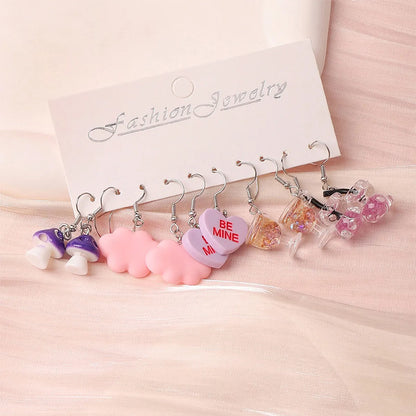 5 Pairs Cute Funny Bear Heart Shape Plating Synthetic Resin Rhodium Plated Drop Earrings