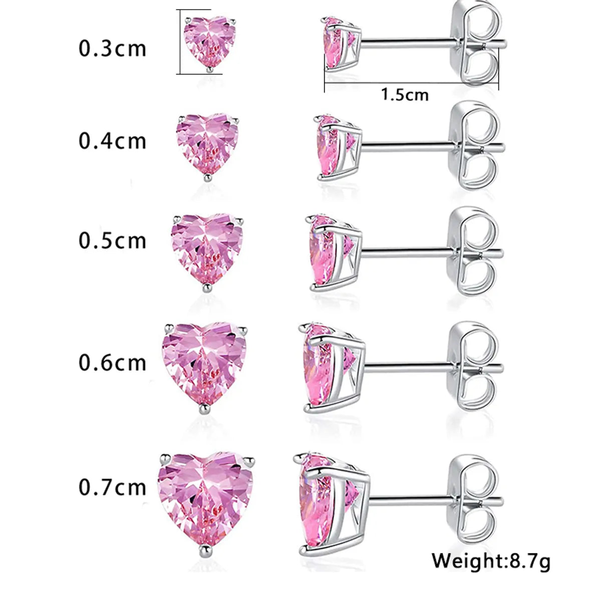 5 Pairs Elegant Simple Style Solid Color Heart Copper Zircon White Gold Plated Ear Studs