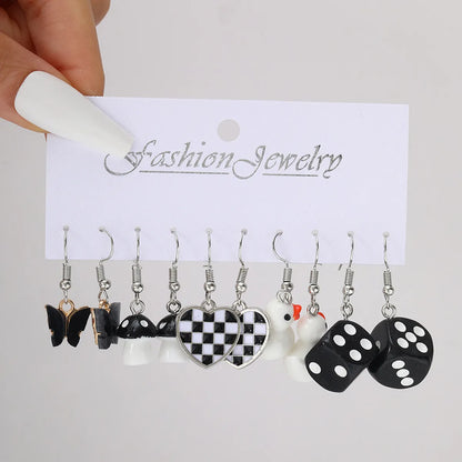 5 Pairs Retro Punk Heart Shape Butterfly Dice Alloy Drop Earrings