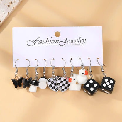 5 Pairs Retro Punk Heart Shape Butterfly Dice Alloy Drop Earrings