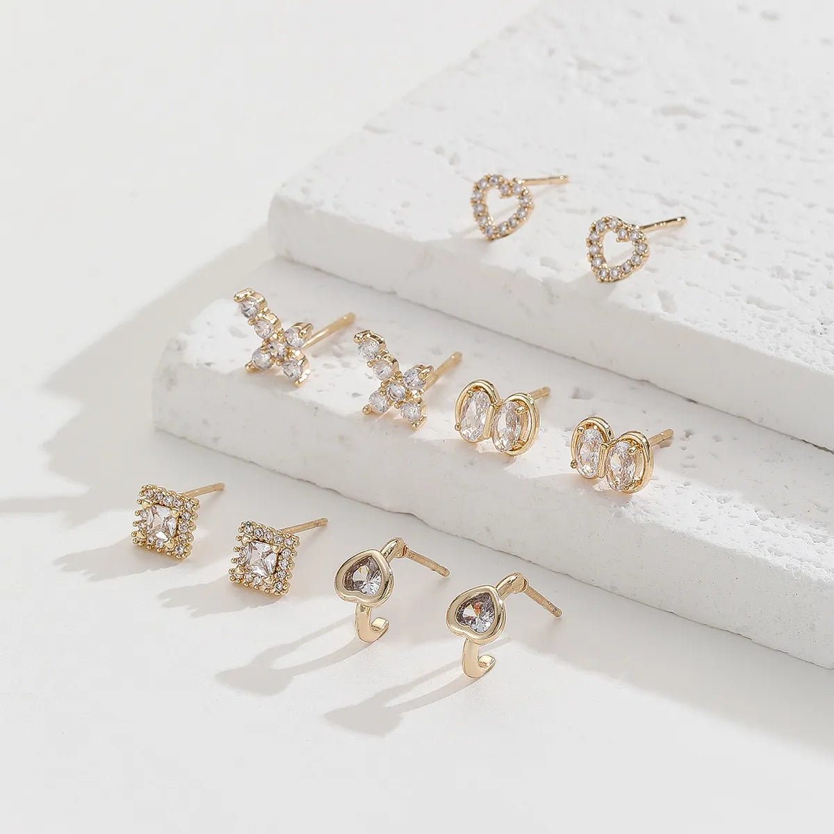 5 Pairs Simple Style Classic Style Cross Heart Shape Bow Knot Plating Inlay Copper Zircon Gold Plated Ear Studs