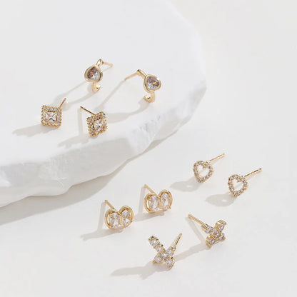 5 Pairs Simple Style Classic Style Cross Heart Shape Bow Knot Plating Inlay Copper Zircon Gold Plated Ear Studs