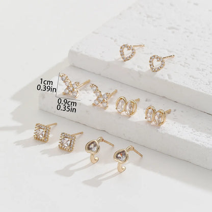 5 Pairs Simple Style Classic Style Cross Heart Shape Bow Knot Plating Inlay Copper Zircon Gold Plated Ear Studs