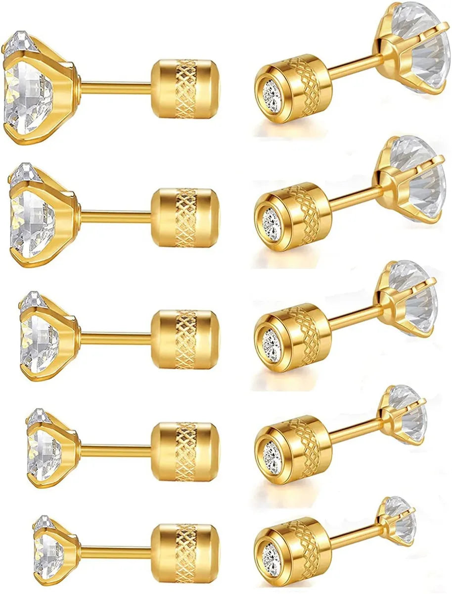 5 Pairs Simple Style Round Inlay Stainless Steel Zircon 18K Gold Plated Ear Studs