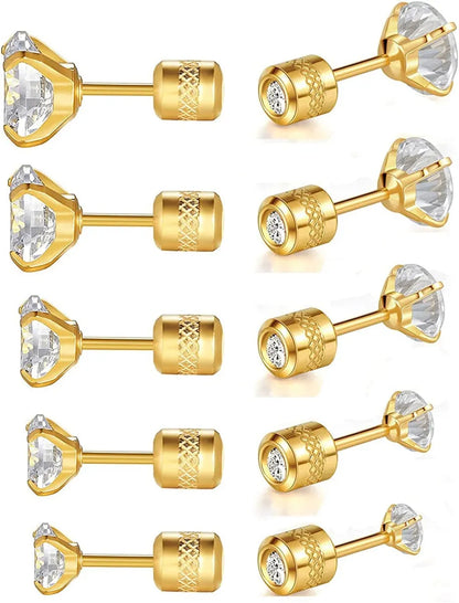 5 Pairs Simple Style Round Inlay Stainless Steel Zircon 18K Gold Plated Ear Studs