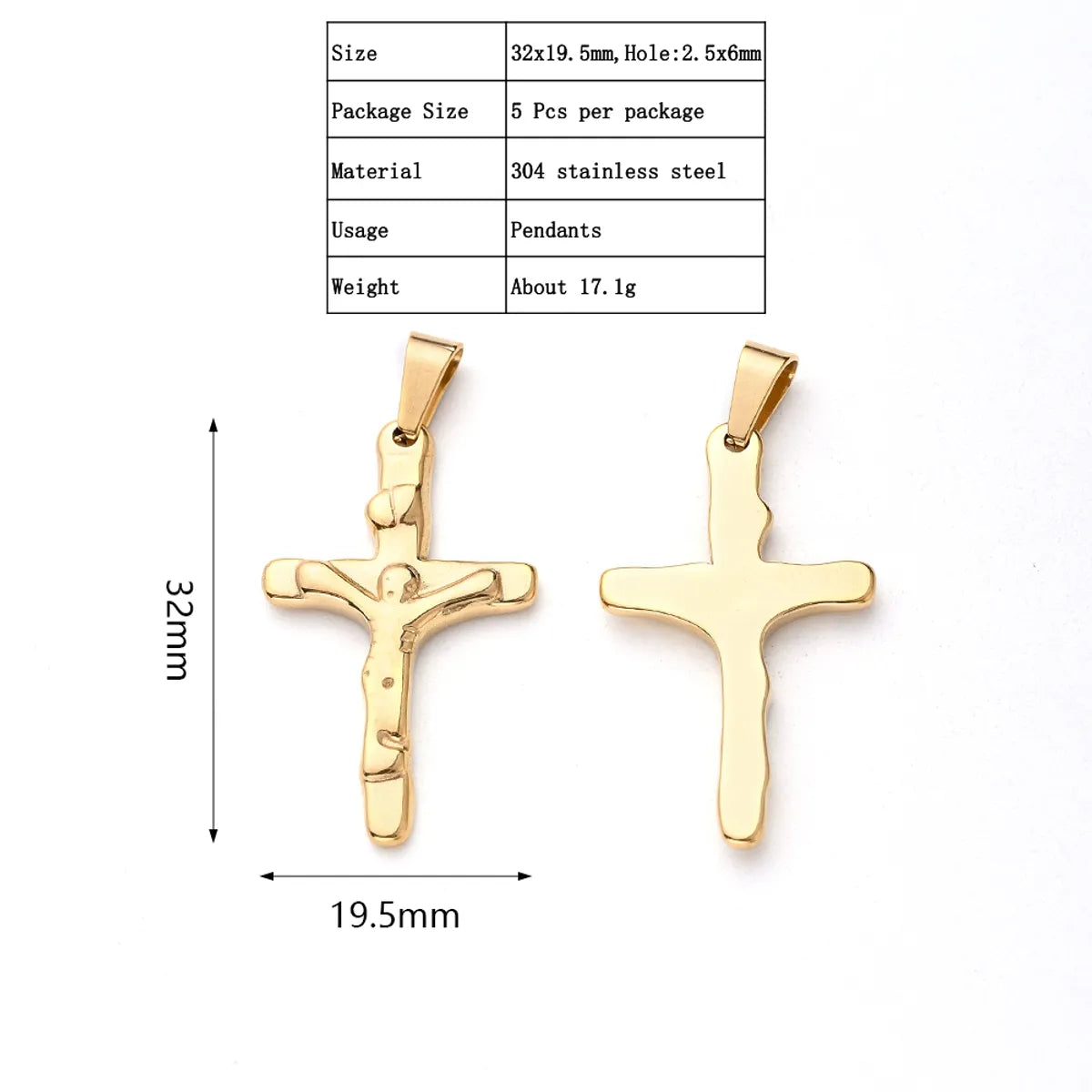 5 PCS/Package 19x13mm 32.5x19mm 32x19.5mm 2.5x6mm 3x5mm 3x6.5mm 304 Stainless Steel Gold Plated Faith Cross Polished Pendant