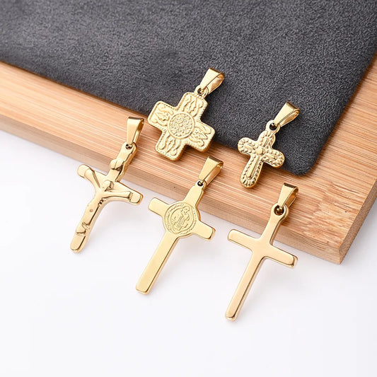 5 PCS/Package 19x13mm 32.5x19mm 32x19.5mm 2.5x6mm 3x5mm 3x6.5mm 304 Stainless Steel Gold Plated Faith Cross Polished Pendant