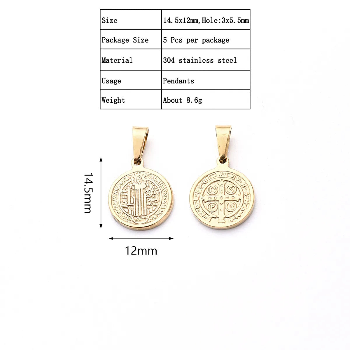 5 PCS/Package 23.5x20mm 31x28.5mm 39x36mm 3x6mm 4.5x6mm 4x7mm 304 Stainless Steel Gold Plated Faith Cross Round Polished Pendant