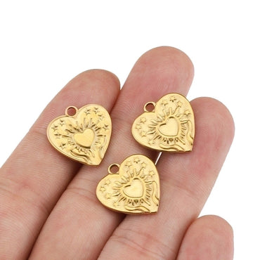 5 PCS/Package Diameter 17mm Hole 2~2.9mm Stainless Steel 18K Gold Plated Star Heart Shape Polished Pendant