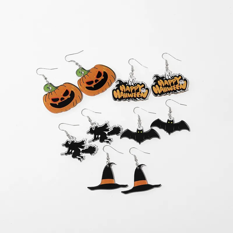 5 Pieces Set Funny Simple Style Pumpkin Witch Hat Bat Arylic Iron Drop Earrings