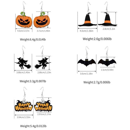 5 Pieces Set Funny Simple Style Pumpkin Witch Hat Bat Arylic Iron Drop Earrings