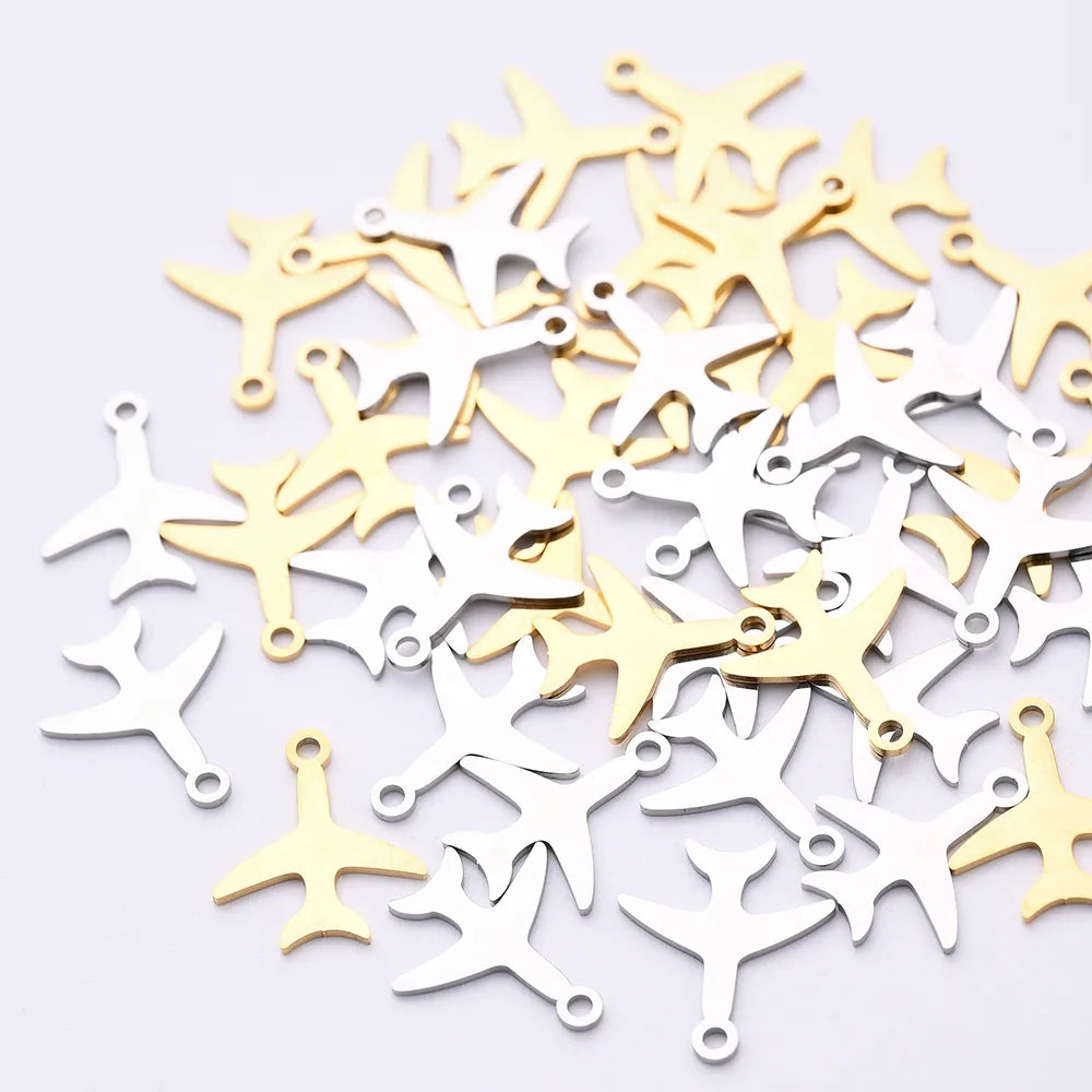 50 PCS/Package 14*16MM Hole 1~1.9mm 304 Stainless Steel Gold Plated Airplane Polished Pendant