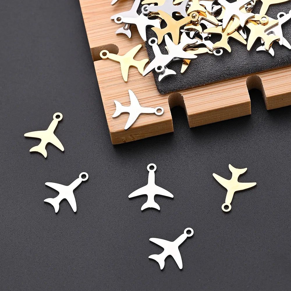 50 PCS/Package 14*16MM Hole 1~1.9mm 304 Stainless Steel Gold Plated Airplane Polished Pendant