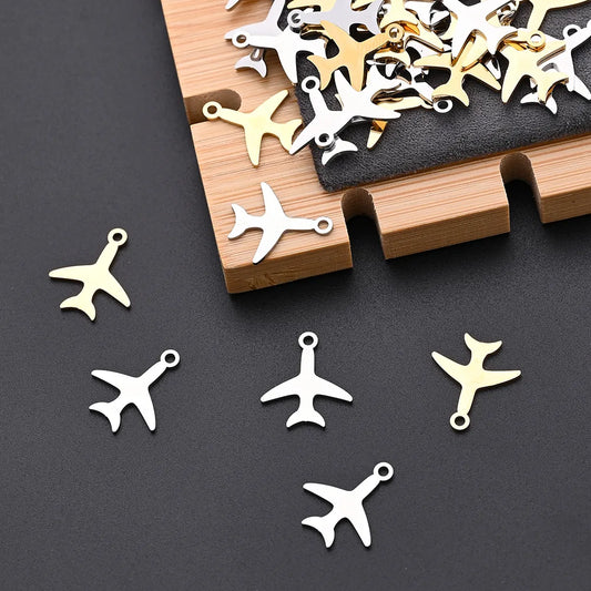 50 PCS/Package 14*16MM Hole 1~1.9mm 304 Stainless Steel Gold Plated Airplane Polished Pendant