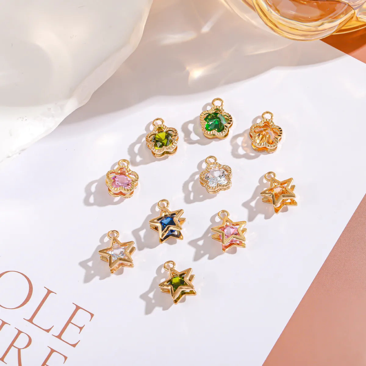 50 PCS/Package 15 * 19mm Metal Zircon 14K Gold Plated Star Flower Polished Pendant