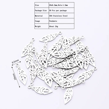 50 PCS/Package 6.5*20mm Hole 1~1.9mm 304 Stainless Steel Gold Plated Feather Polished Pendant