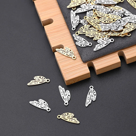 50 PCS/Package 7*18mm Hole 1~1.9mm 304 Stainless Steel Gold Plated Wings Polished Pendant