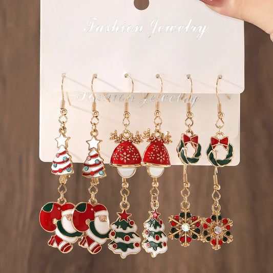 6 Pairs Cute Christmas Tree Santa Claus Plating Alloy Drop Earrings