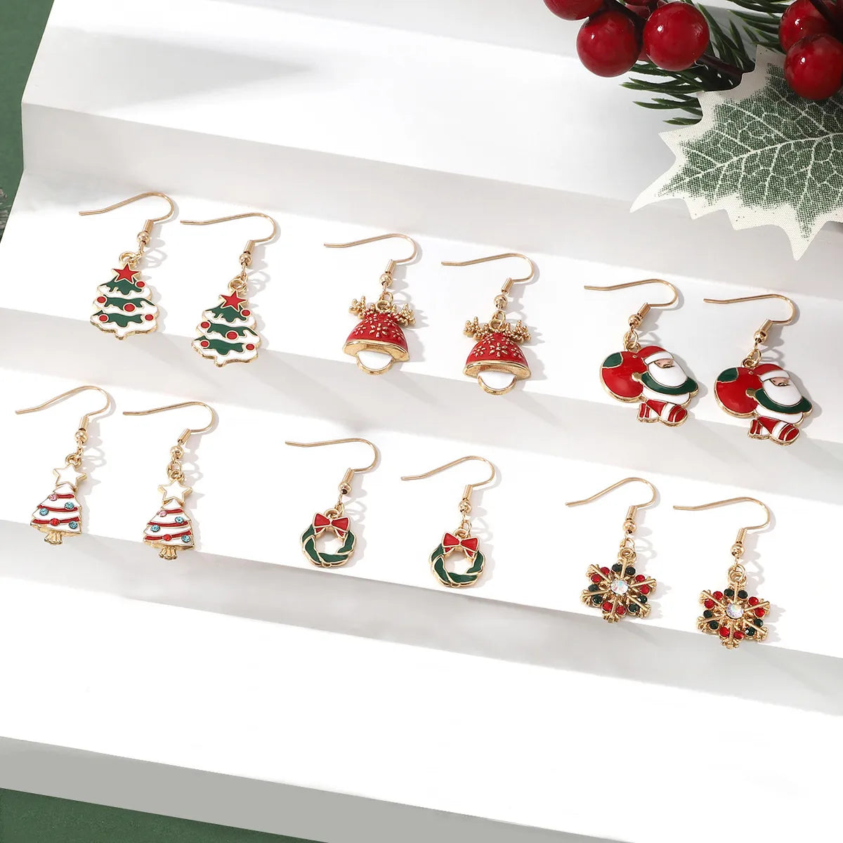 6 Pairs Cute Christmas Tree Santa Claus Plating Alloy Drop Earrings