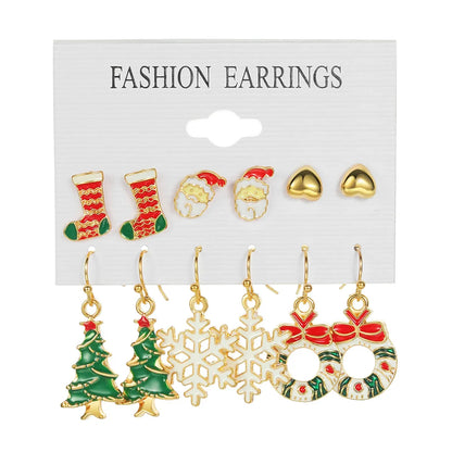 6 Pairs Ethnic Style Cartoon Character Christmas Tree Enamel Alloy Earrings