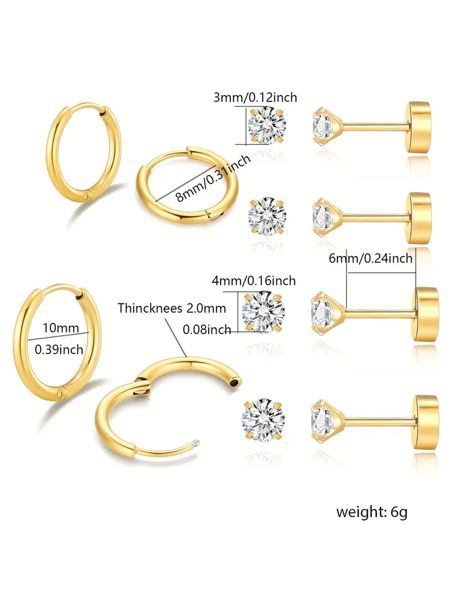 6 Pairs Lady Solid Color Plating Inlay Stainless Steel Zircon 14k Gold Plated Ear Studs