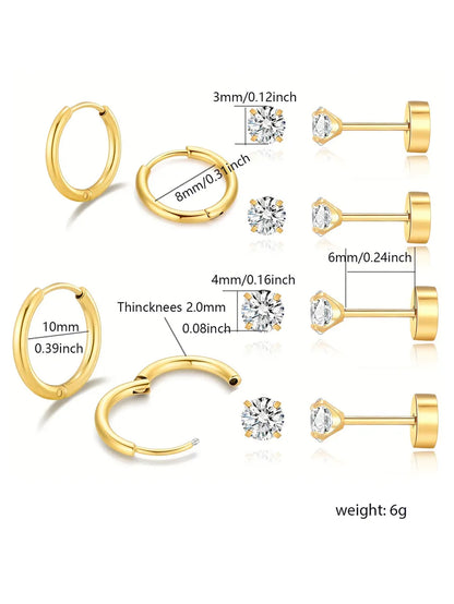 6 Pairs Lady Solid Color Plating Inlay Stainless Steel Zircon 14k Gold Plated Ear Studs