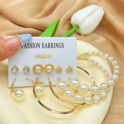 6 Pairs Lady Streetwear Pearl Beaded Alloy Hoop Earrings Drop Earrings Ear Studs