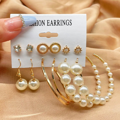 6 Pairs Lady Streetwear Pearl Beaded Alloy Hoop Earrings Drop Earrings Ear Studs