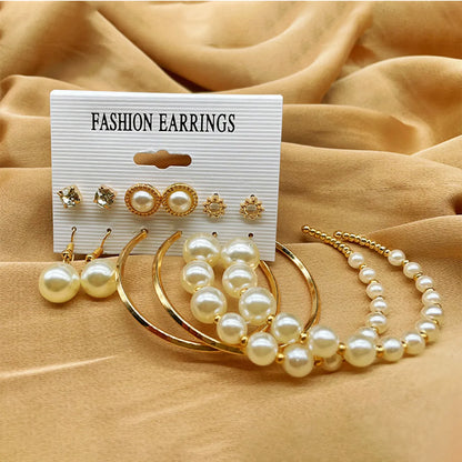 6 Pairs Lady Streetwear Pearl Beaded Alloy Hoop Earrings Drop Earrings Ear Studs