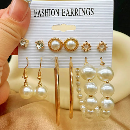 6 Pairs Lady Streetwear Pearl Beaded Alloy Hoop Earrings Drop Earrings Ear Studs