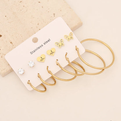 6 Pairs Simple Style Commute Star Heart Shape Butterfly Inlay Stainless Steel Zircon Earrings