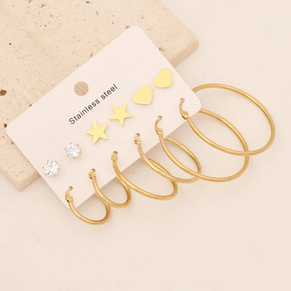 6 Pairs Simple Style Commute Star Heart Shape Butterfly Inlay Stainless Steel Zircon Earrings