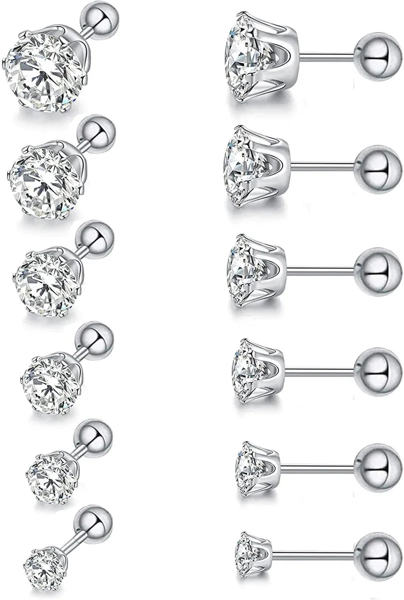 6 Pairs Simple Style Round Stainless Steel Zircon Ear Studs