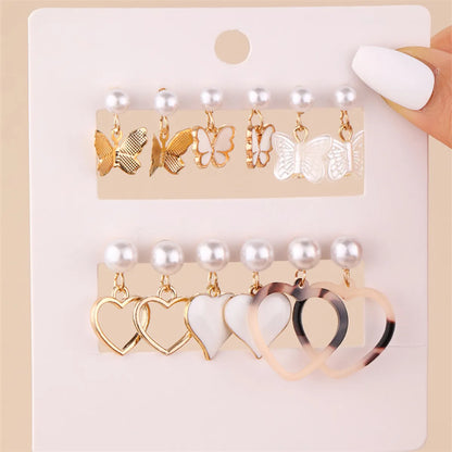 6 Pairs Y2K Sweet Heart Shape Flower Butterfly Alloy Drop Earrings