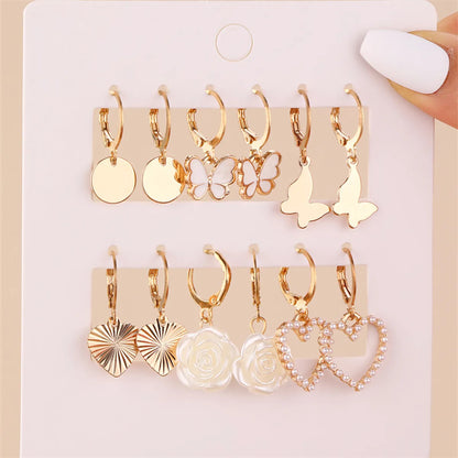 6 Pairs Y2K Sweet Heart Shape Flower Butterfly Alloy Drop Earrings