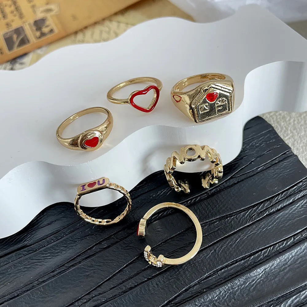 6 Pieces Sweet Heart Shape Alloy Inlay Rhinestones Women'S Rings