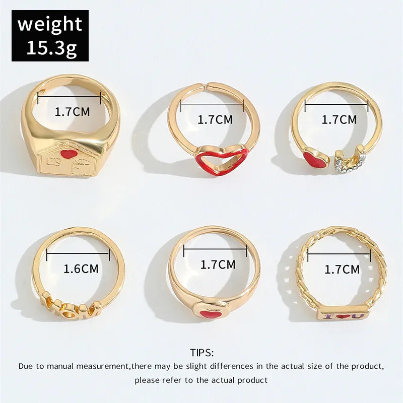 6 Pieces Sweet Heart Shape Alloy Inlay Rhinestones Women'S Rings