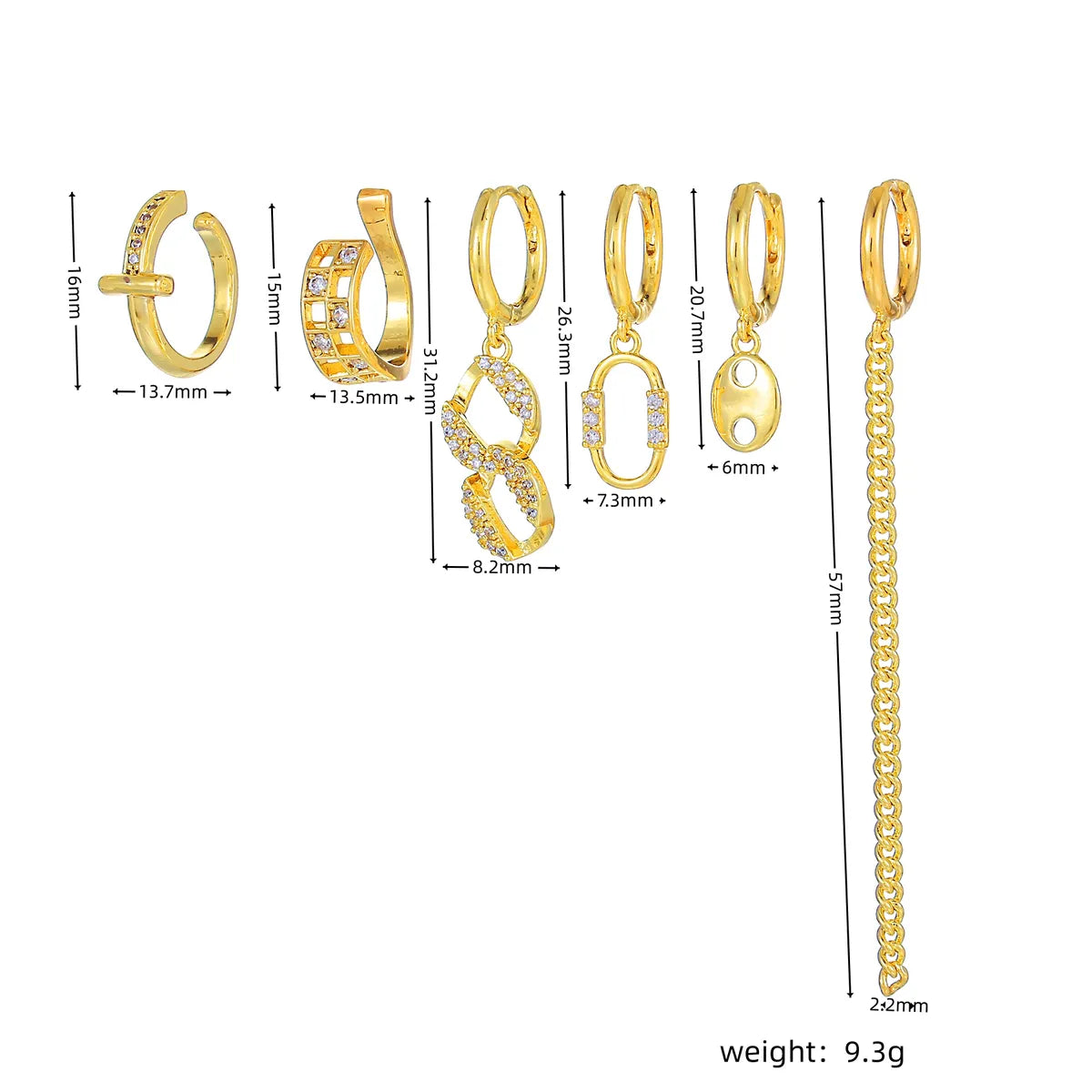 6 Pieces Sweet Simple Style Geometric Chain Inlay Brass Zircon 18K Gold Plated Drop Earrings Earrings