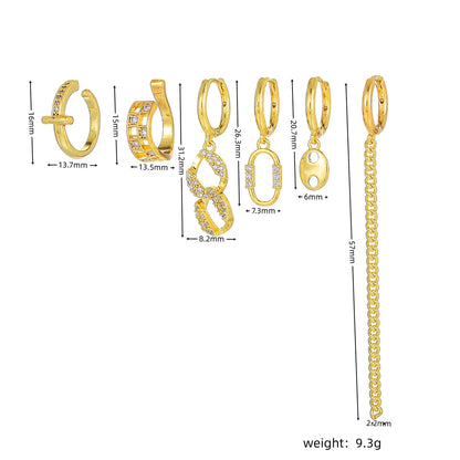 6 Pieces Sweet Simple Style Geometric Chain Inlay Brass Zircon 18K Gold Plated Drop Earrings Earrings